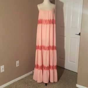 Vintage 70th 3 tier Free People Dress Coral- Peach lace Maxi Size SP